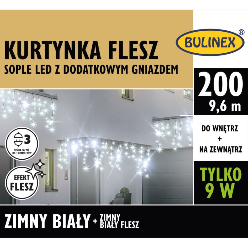 Kurtyna świetlna sople 200 LED zimny biały + zimny biały flesz 13-582