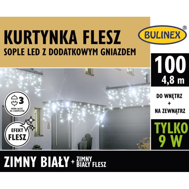 Kurtyna świetlna sople 100 LED zimny biały + zimny biały flesz 13-562