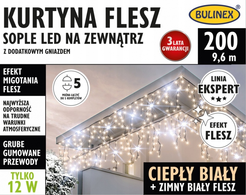 Kurtyna świetlna sople 200 LED ciepły biały + zimny biały flesz 75-698